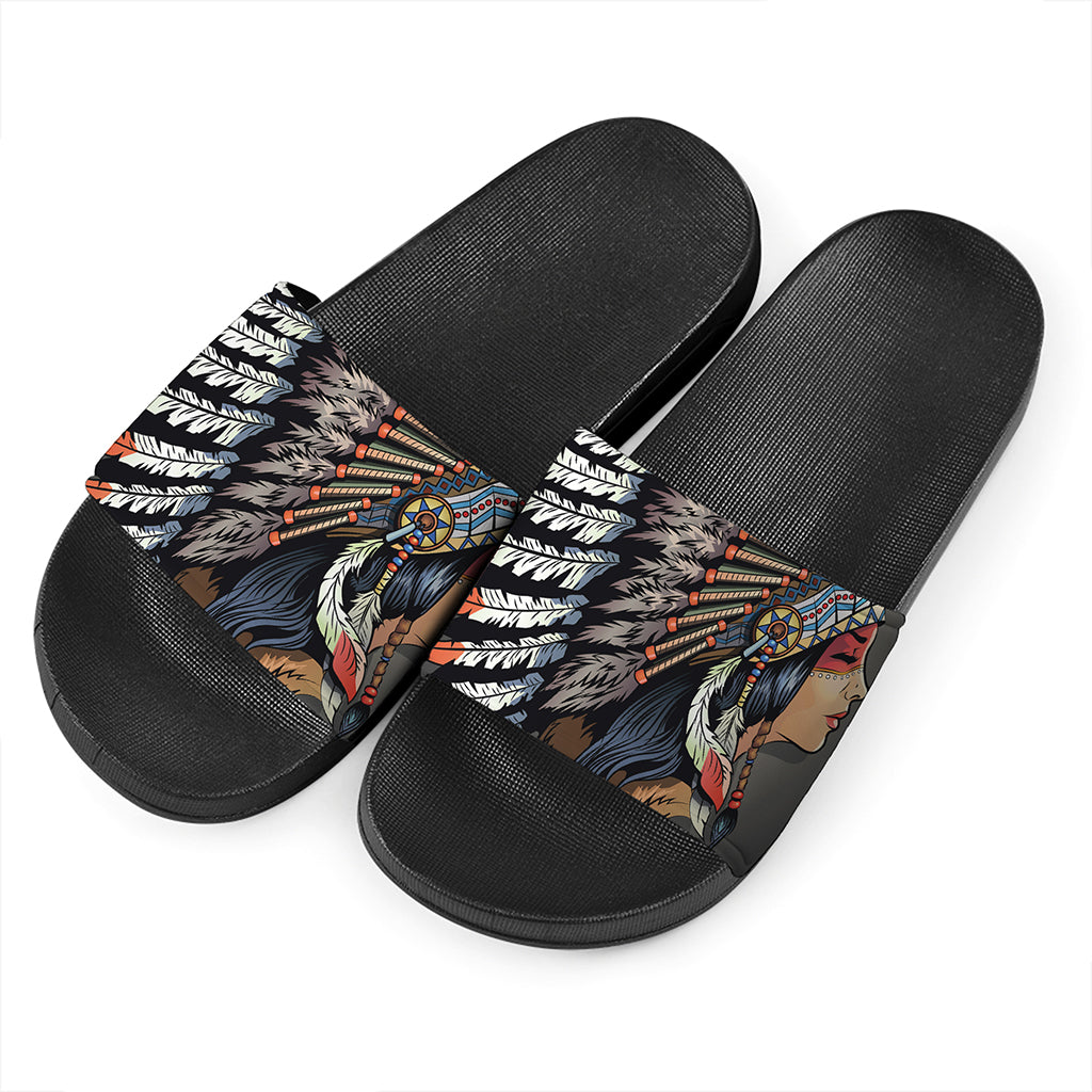 Native American Indian Girl Print Black Slide Sandals