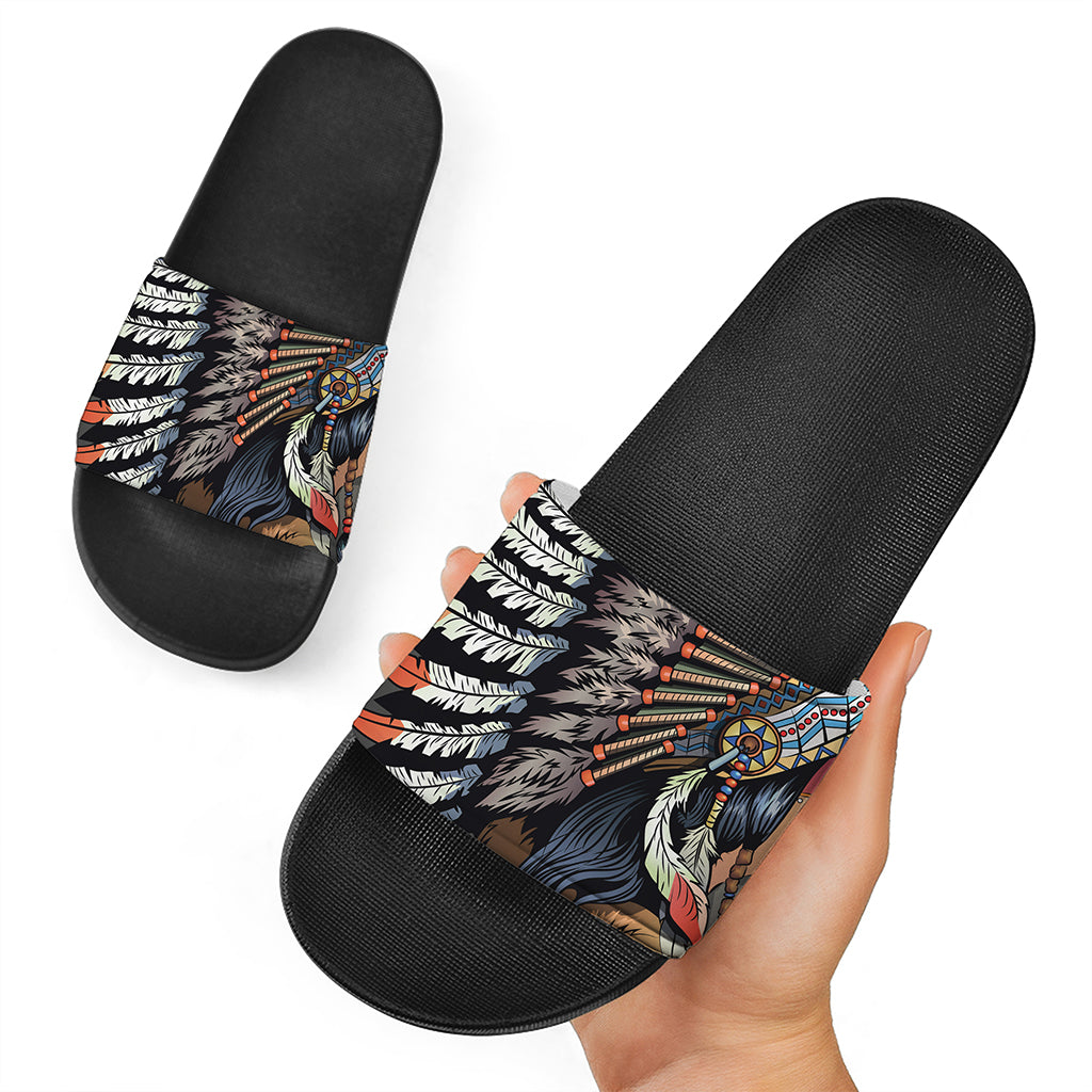 Native American Indian Girl Print Black Slide Sandals
