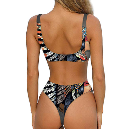 Native American Indian Girl Print Front Bow Tie Bikini