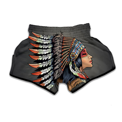 Native American Indian Girl Print Muay Thai Boxing Shorts