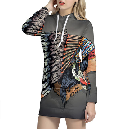 Native American Indian Girl Print Pullover Hoodie Dress