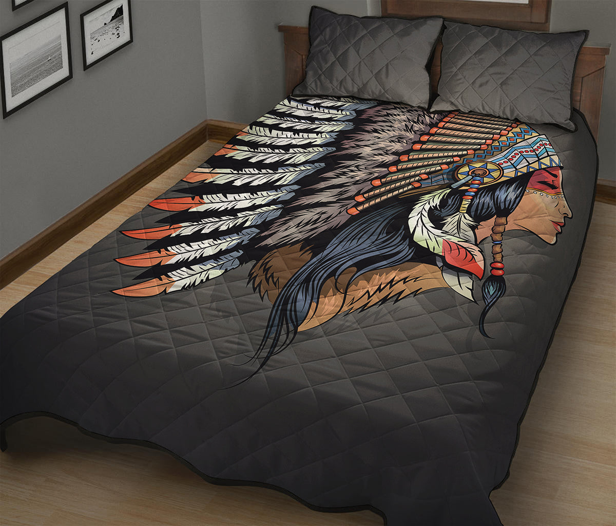 Native American Indian Girl Print Quilt Bed Set