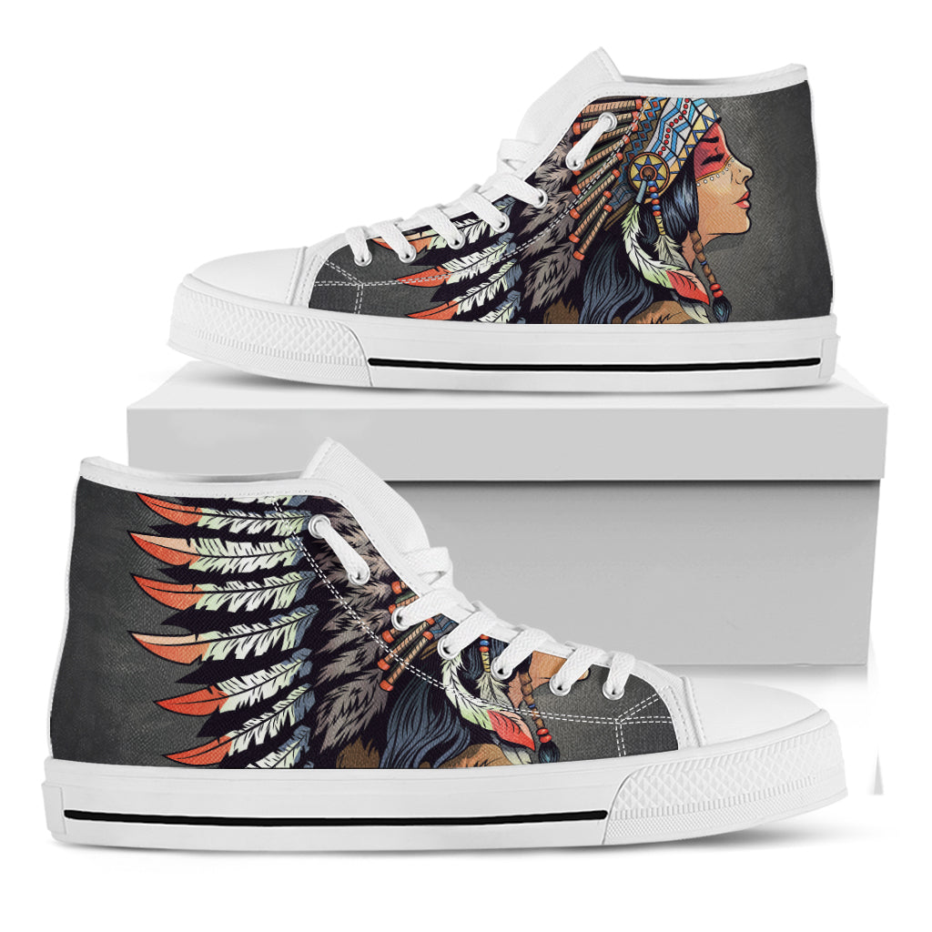 Native American Indian Girl Print White High Top Shoes