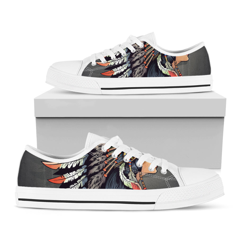 Native American Indian Girl Print White Low Top Shoes