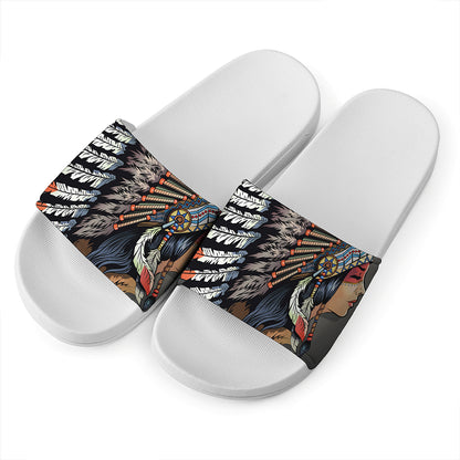 Native American Indian Girl Print White Slide Sandals