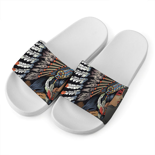Native American Indian Girl Print White Slide Sandals