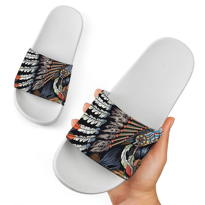 Native American Indian Girl Print White Slide Sandals