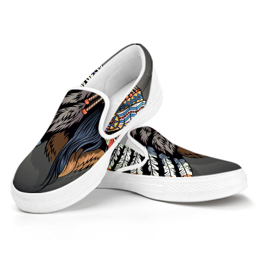 Native American Indian Girl Print White Slip On Shoes