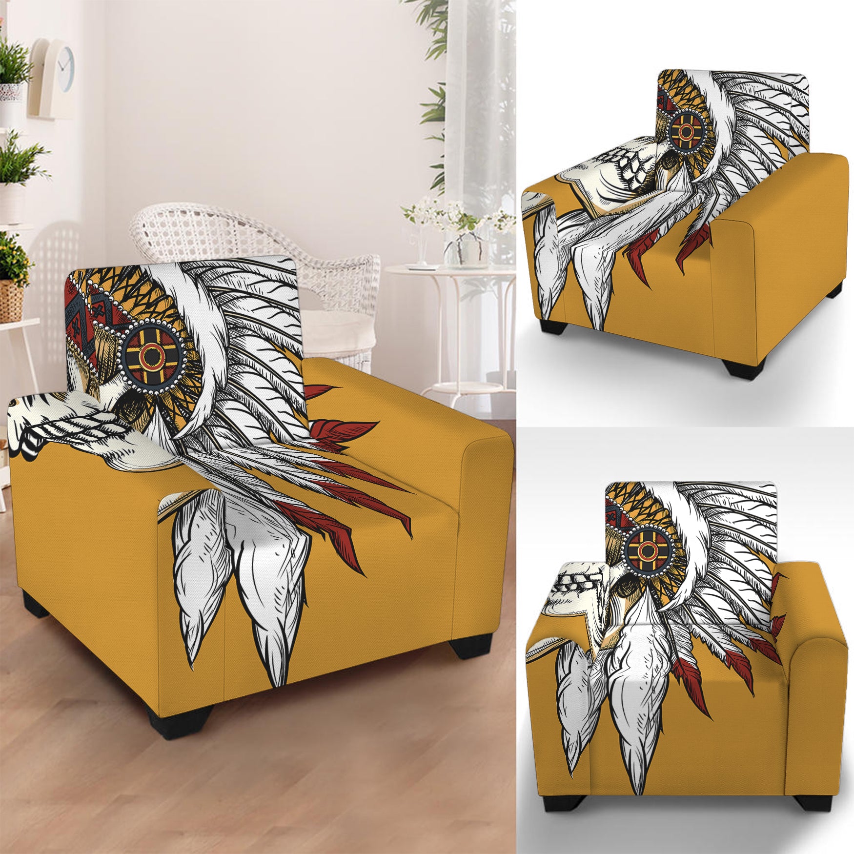 Native American Indian Skull Print Armchair Slipcover