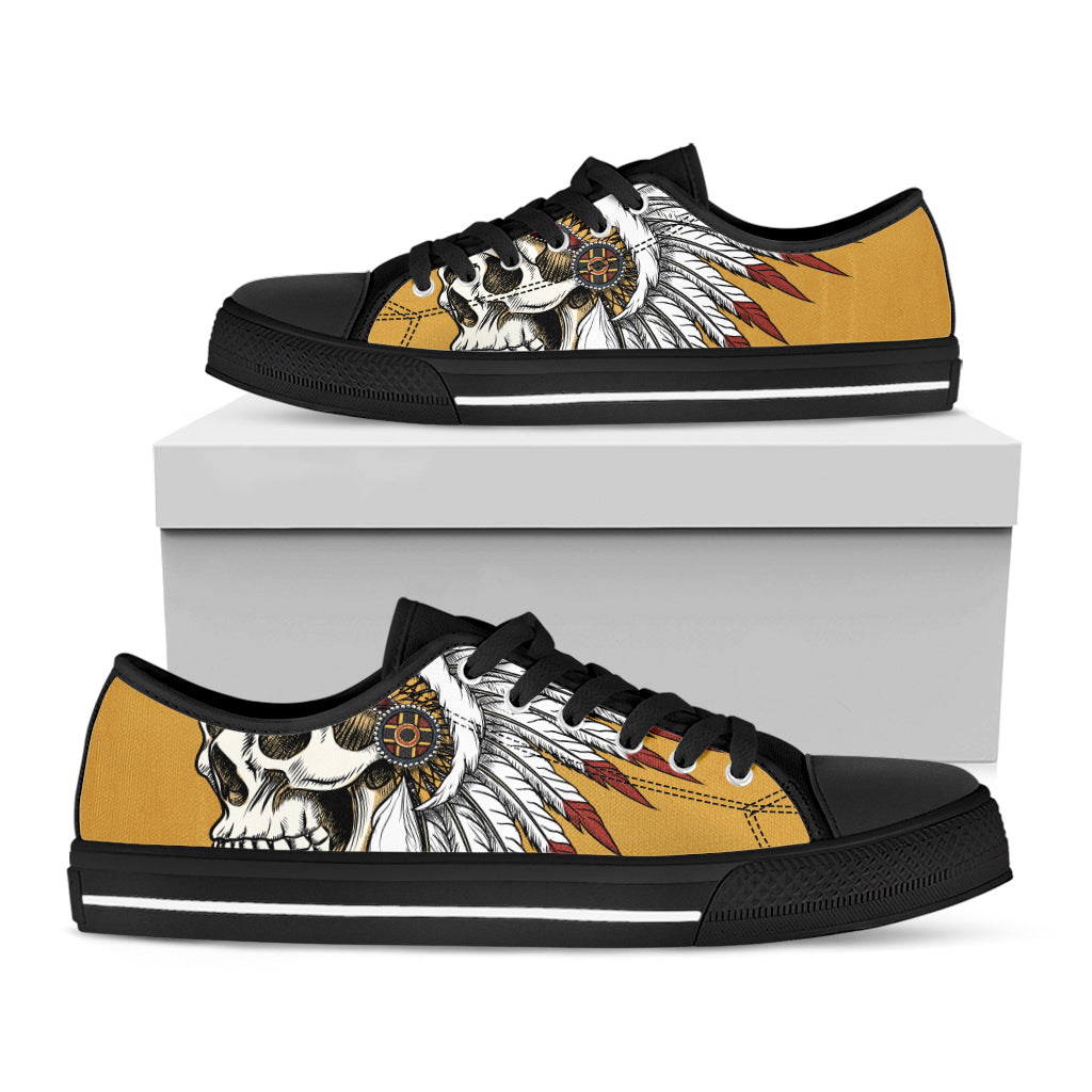 Native American Indian Skull Print Black Low Top Shoes 