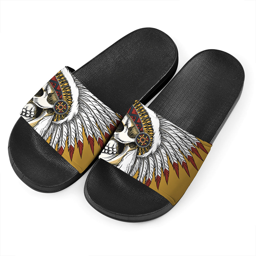 Native American Indian Skull Print Black Slide Sandals