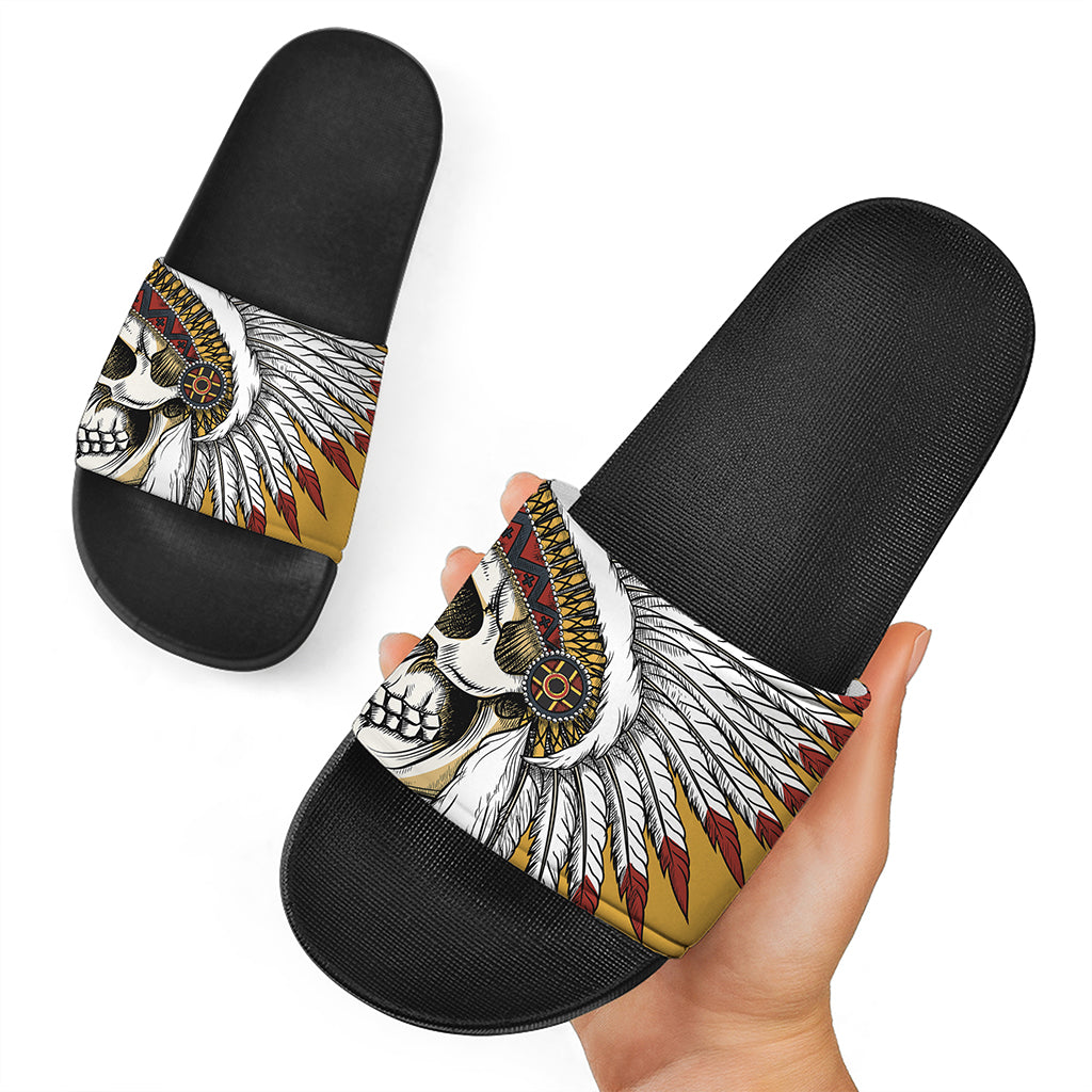 Native American Indian Skull Print Black Slide Sandals