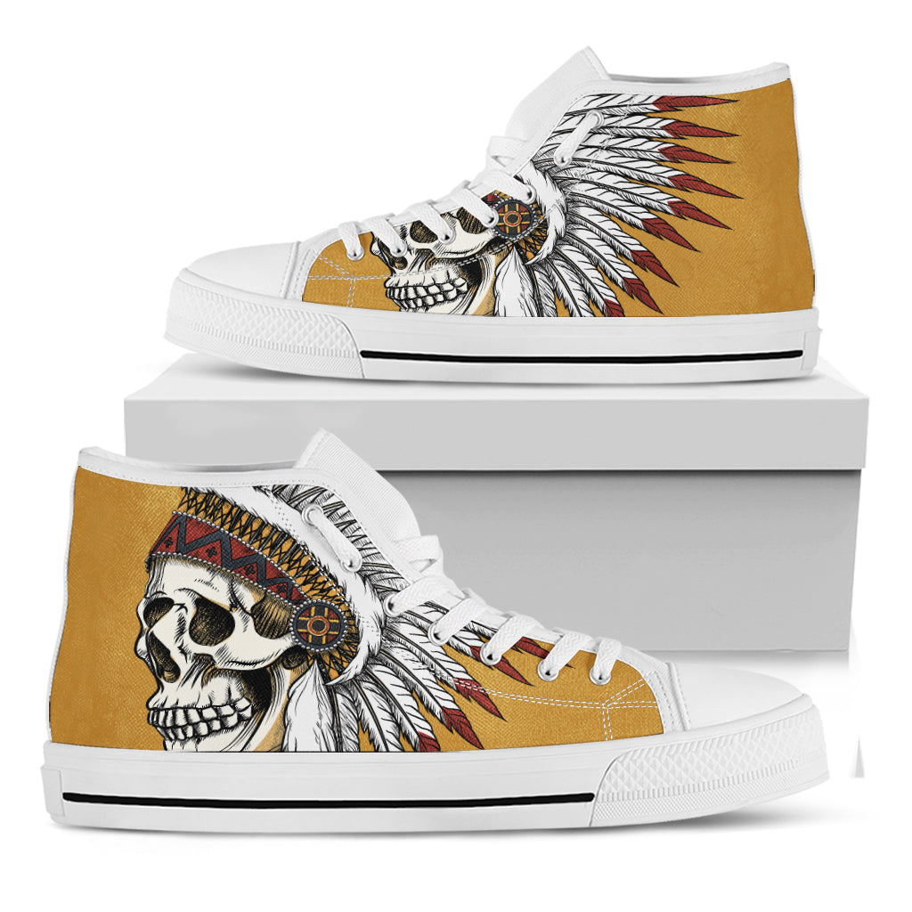 Native American Indian Skull Print White High Top Shoes