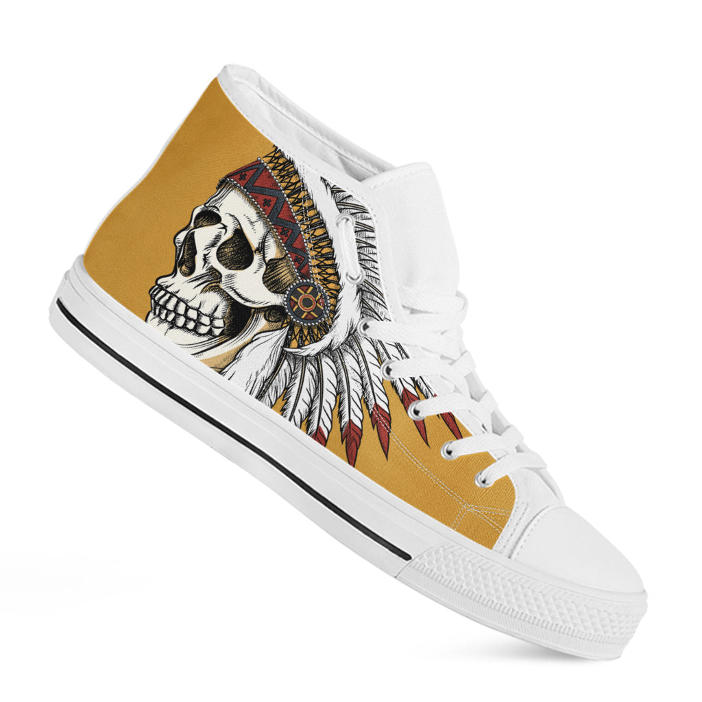 Native American Indian Skull Print White High Top Shoes