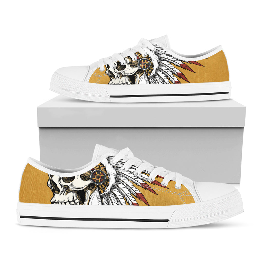 Native American Indian Skull Print White Low Top Shoes