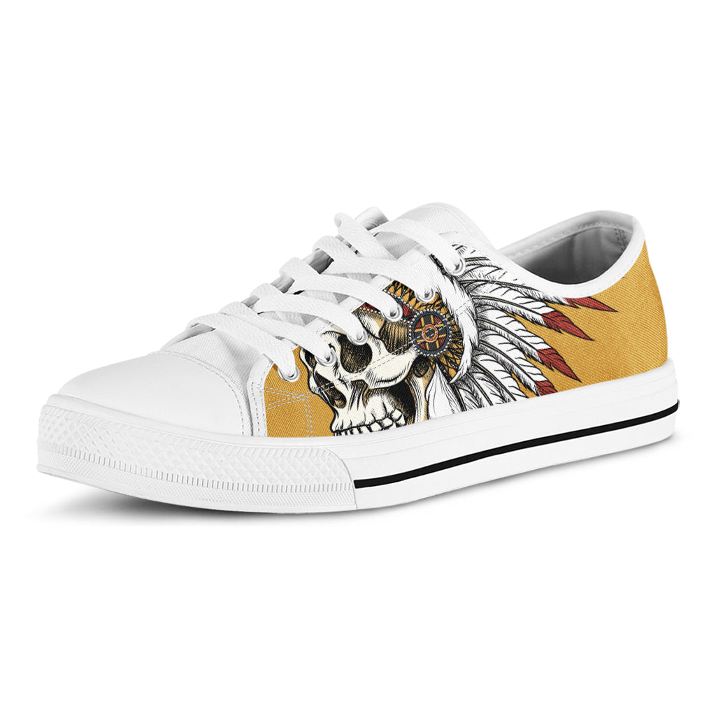 Native American Indian Skull Print White Low Top Shoes