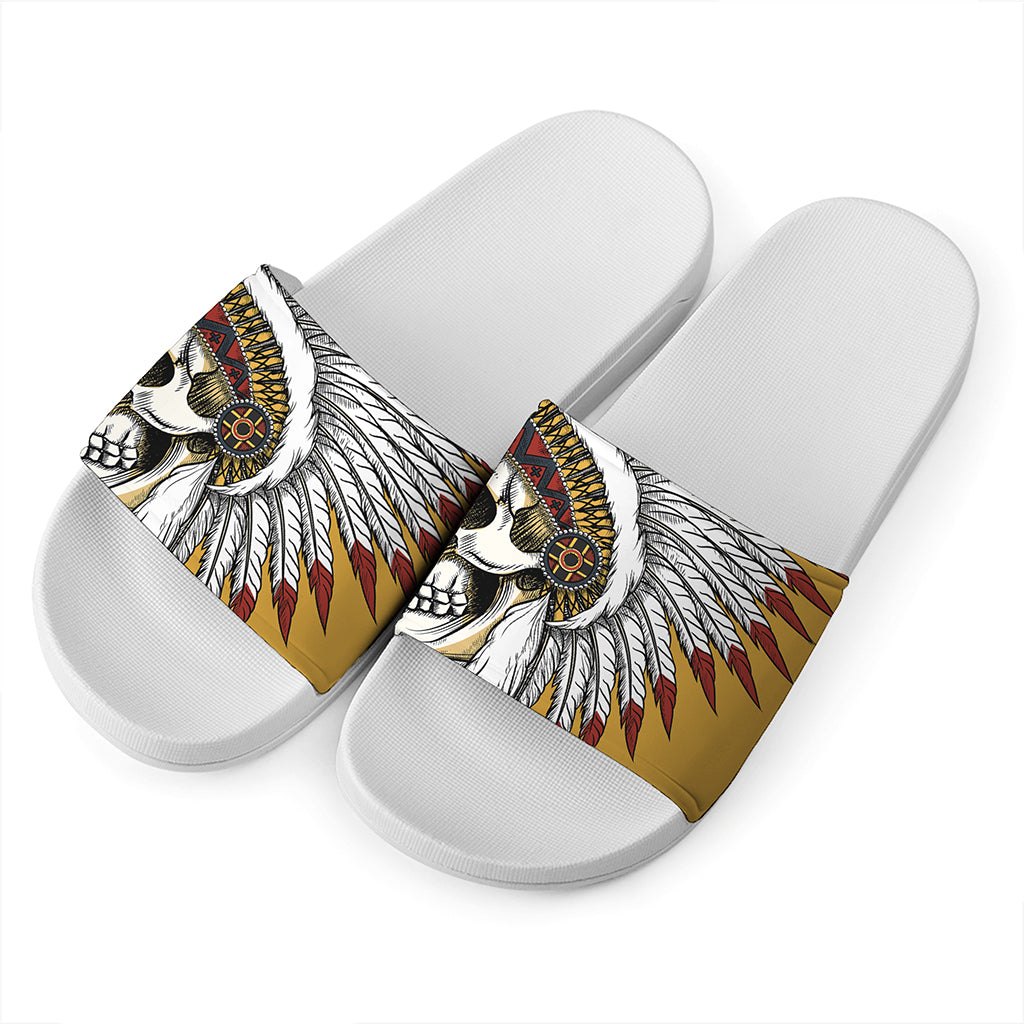 Native American Indian Skull Print White Slide Sandals