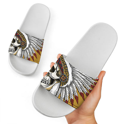 Native American Indian Skull Print White Slide Sandals