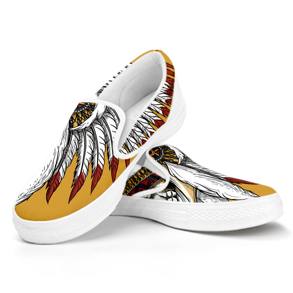 Native American Indian Skull Print White Slip On Shoes