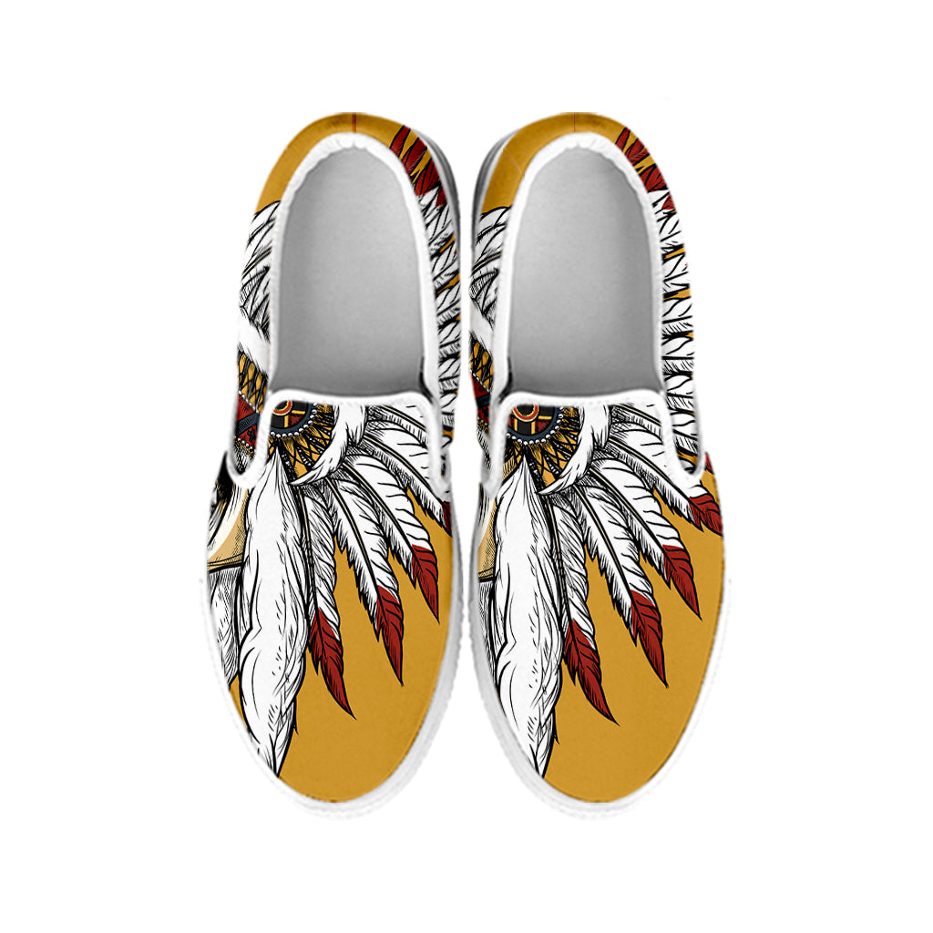 Native American Indian Skull Print White Slip On Shoes