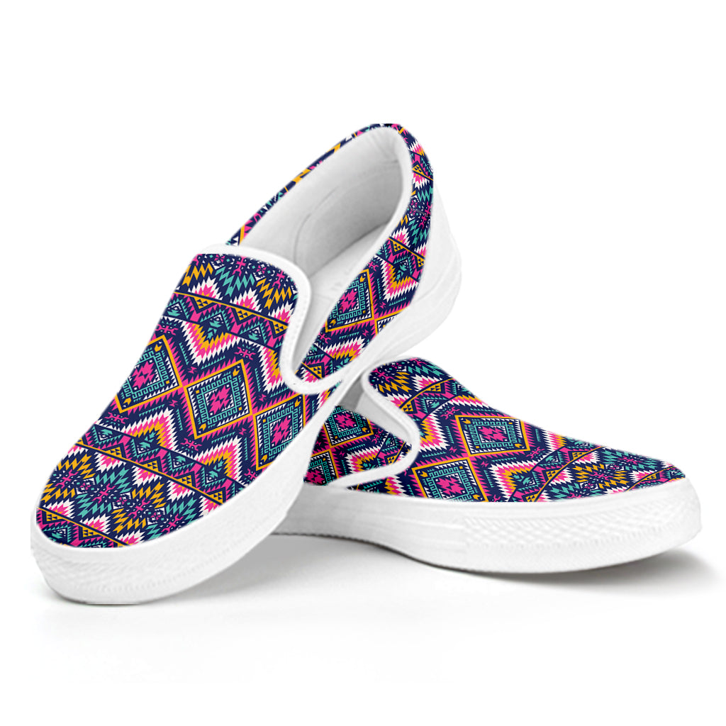 Native American Navajo Tribal Print White Slip On Shoes