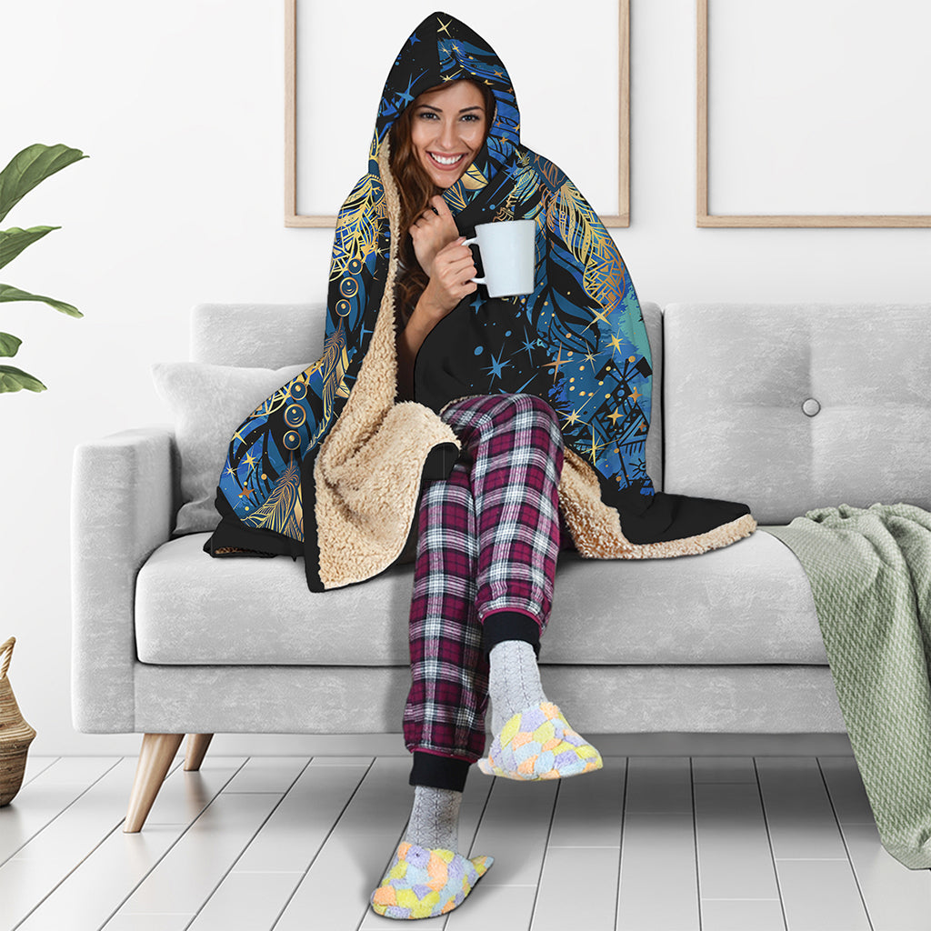 Native American Spiritual Wolf Print Hooded Blanket