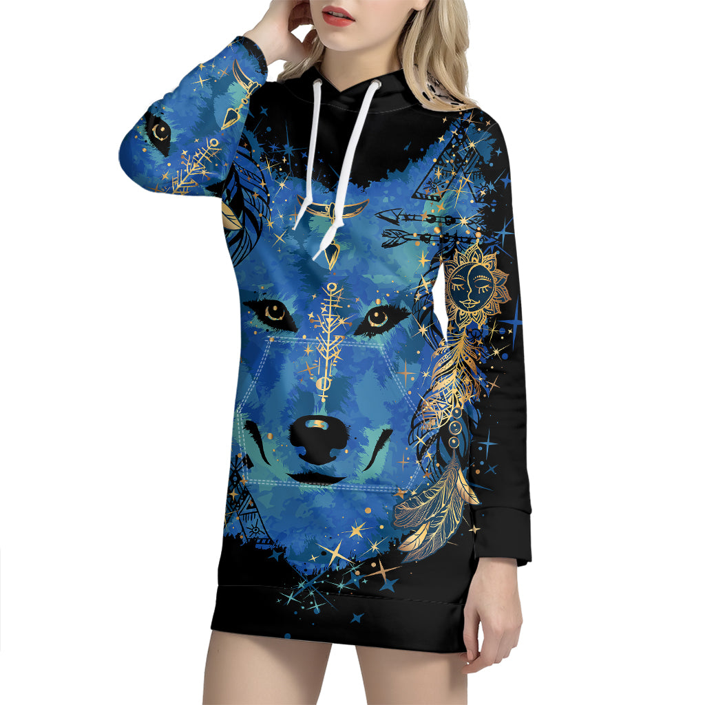 Native American Spiritual Wolf Print Pullover Hoodie Dress