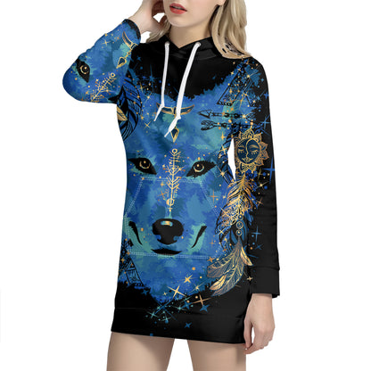 Native American Spiritual Wolf Print Pullover Hoodie Dress