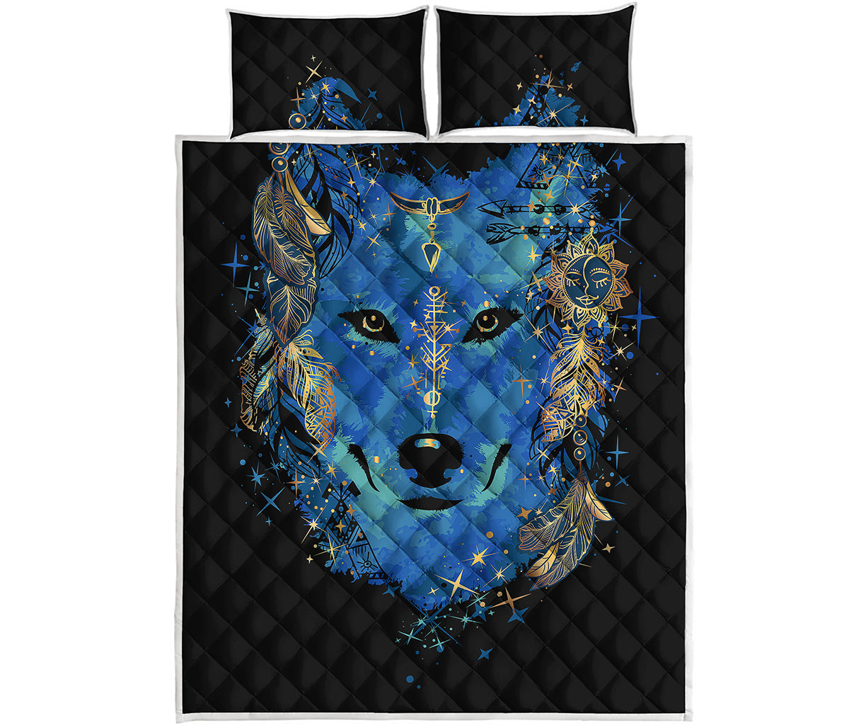 Native American Spiritual Wolf Print Quilt Bed Set