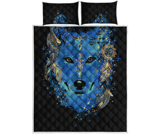 Native American Spiritual Wolf Print Quilt Bed Set