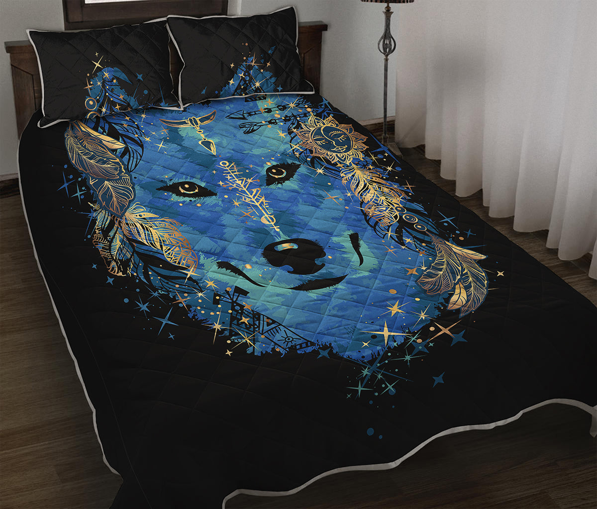 Native American Spiritual Wolf Print Quilt Bed Set