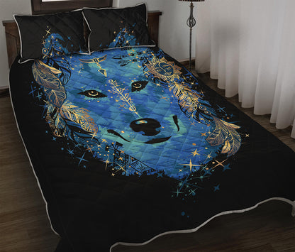 Native American Spiritual Wolf Print Quilt Bed Set