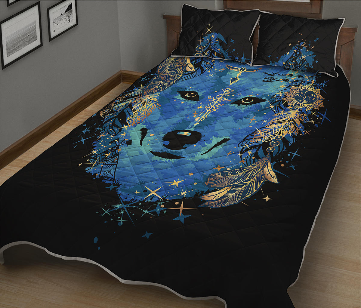 Native American Spiritual Wolf Print Quilt Bed Set