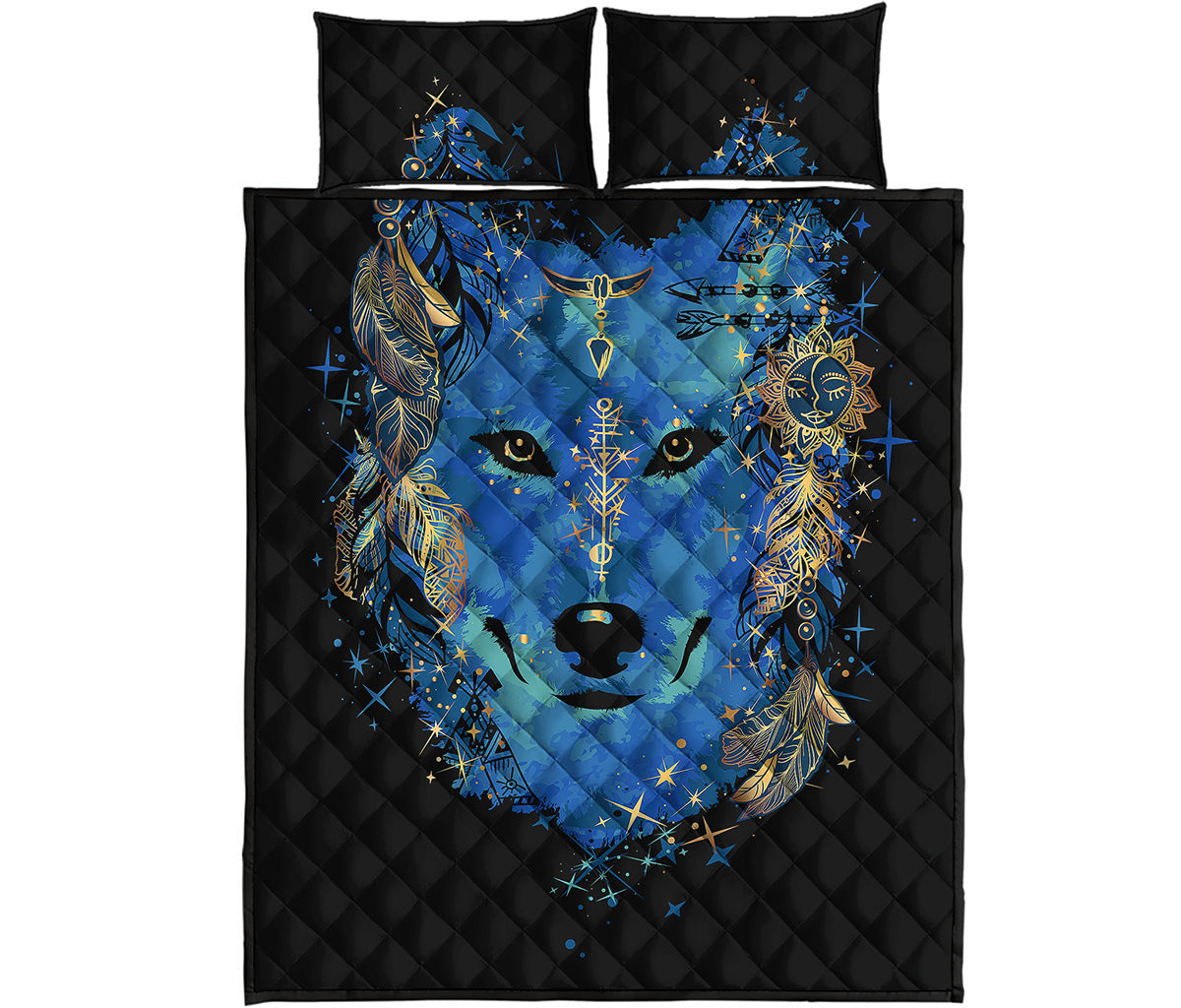 Native American Spiritual Wolf Print Quilt Bed Set