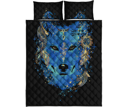 Native American Spiritual Wolf Print Quilt Bed Set