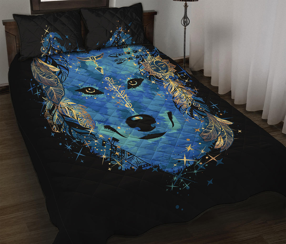 Native American Spiritual Wolf Print Quilt Bed Set