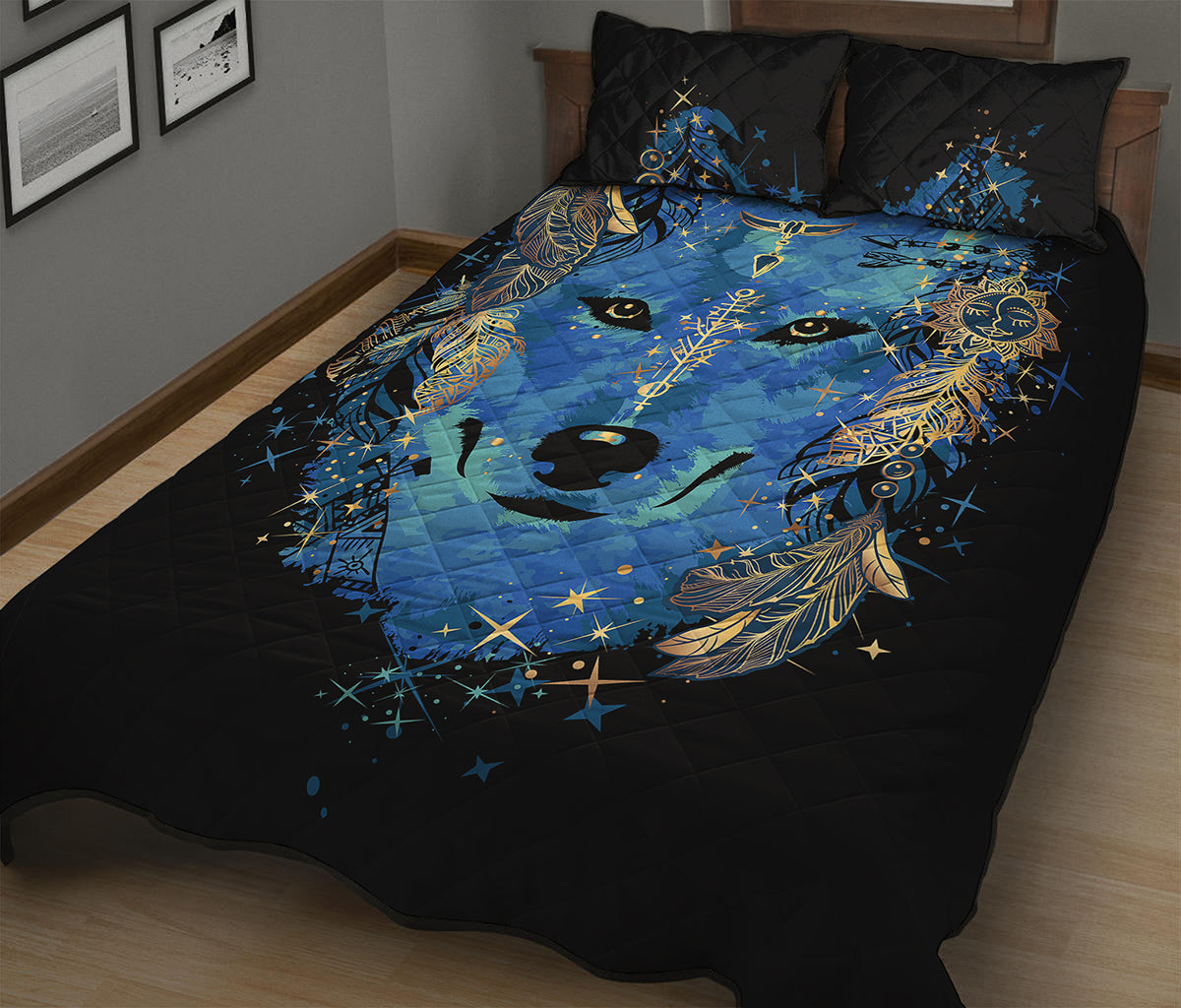 Native American Spiritual Wolf Print Quilt Bed Set