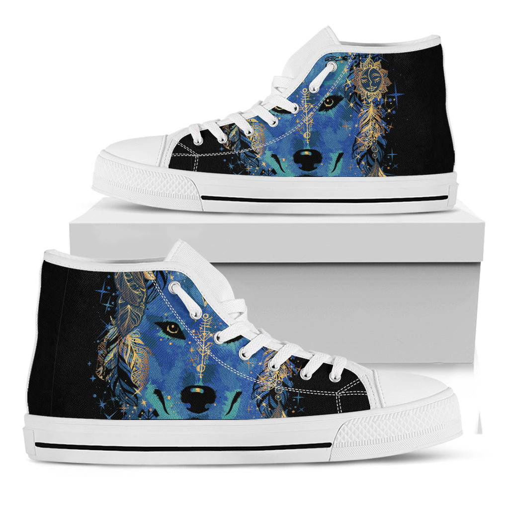 Native American Spiritual Wolf Print White High Top Shoes