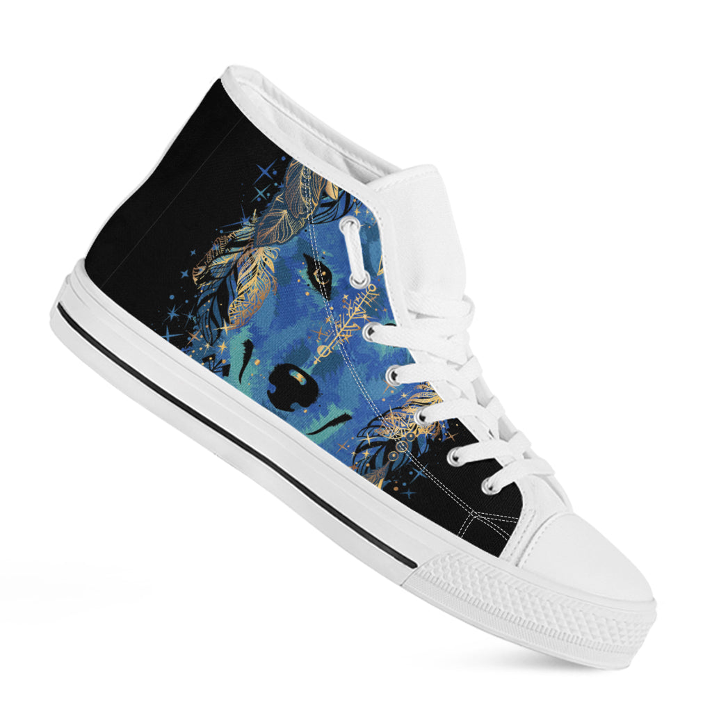 Native American Spiritual Wolf Print White High Top Shoes