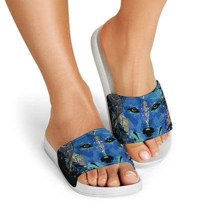 Native American Spiritual Wolf Print White Slide Sandals