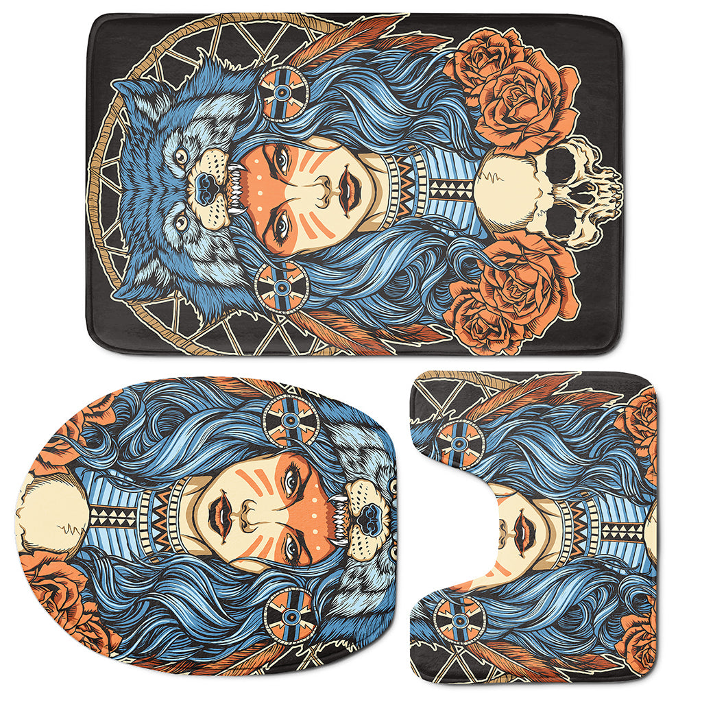 Native American Wolf Girl Print 3 Piece Bath Mat Set