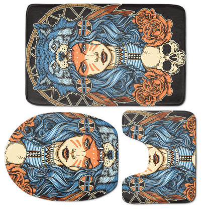 Native American Wolf Girl Print 3 Piece Bath Mat Set