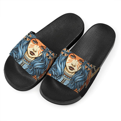 Native American Wolf Girl Print Black Slide Sandals