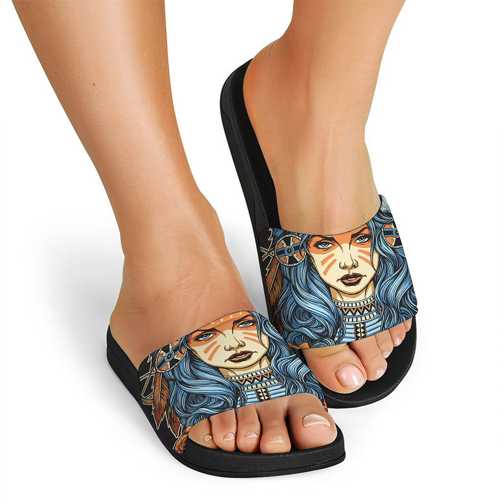 Native American Wolf Girl Print Black Slide Sandals