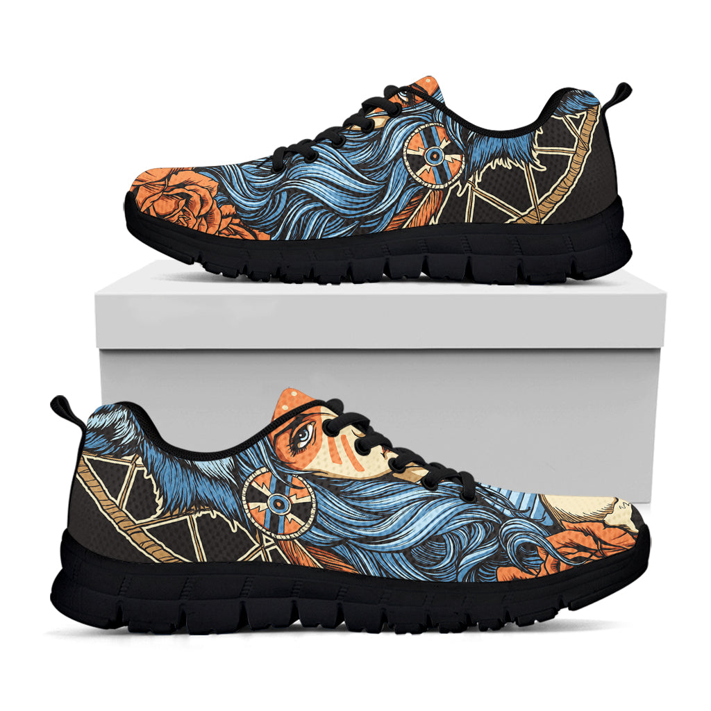 Native American Wolf Girl Print Black Sneakers