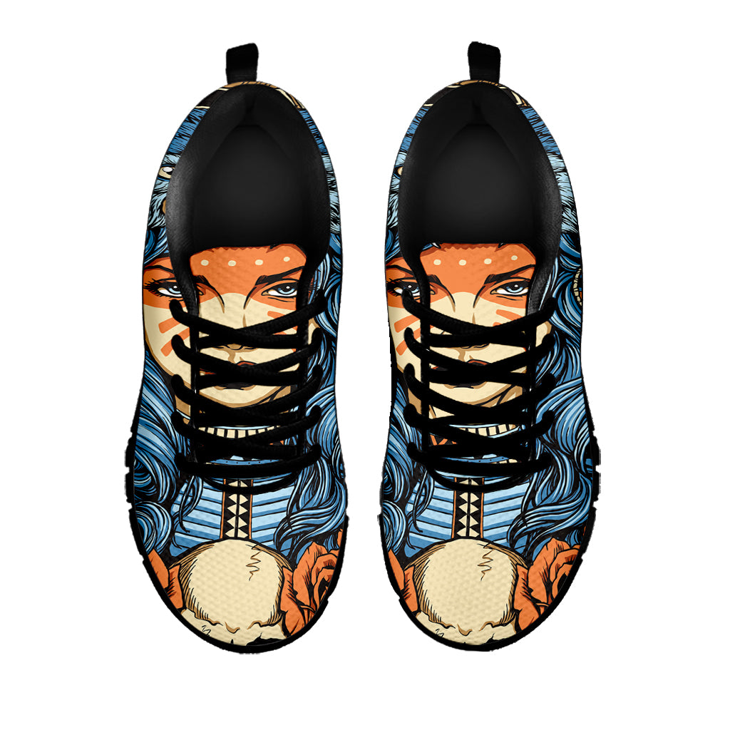 Native American Wolf Girl Print Black Sneakers