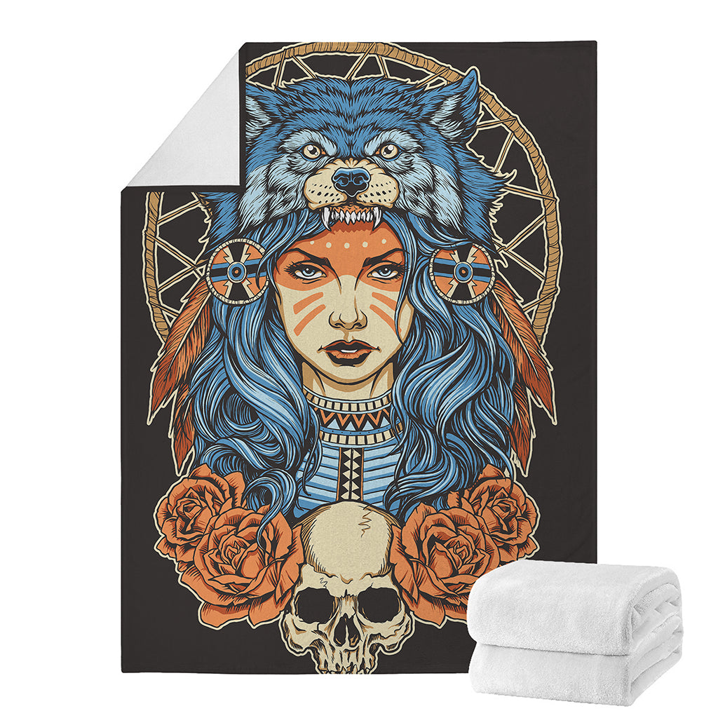 Native American Wolf Girl Print Blanket
