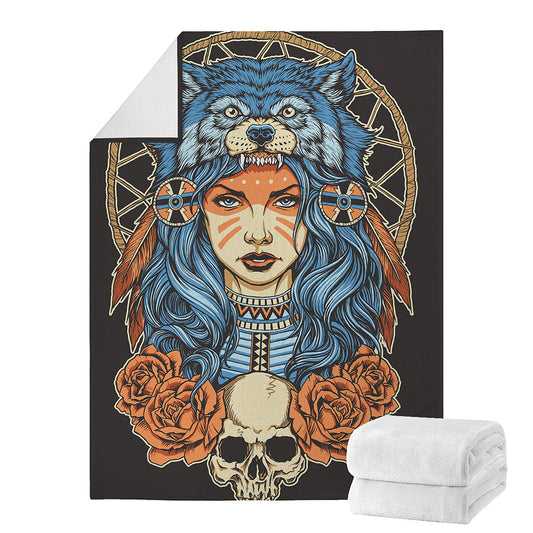 Native American Wolf Girl Print Blanket