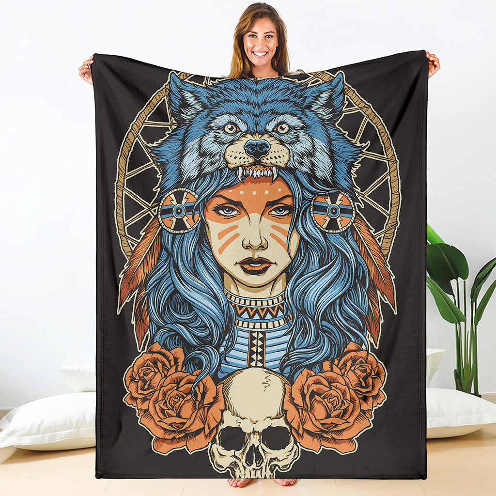 Native American Wolf Girl Print Blanket