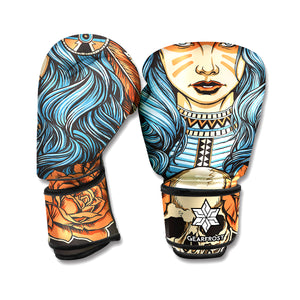 Native American Wolf Girl Print Boxing Gloves